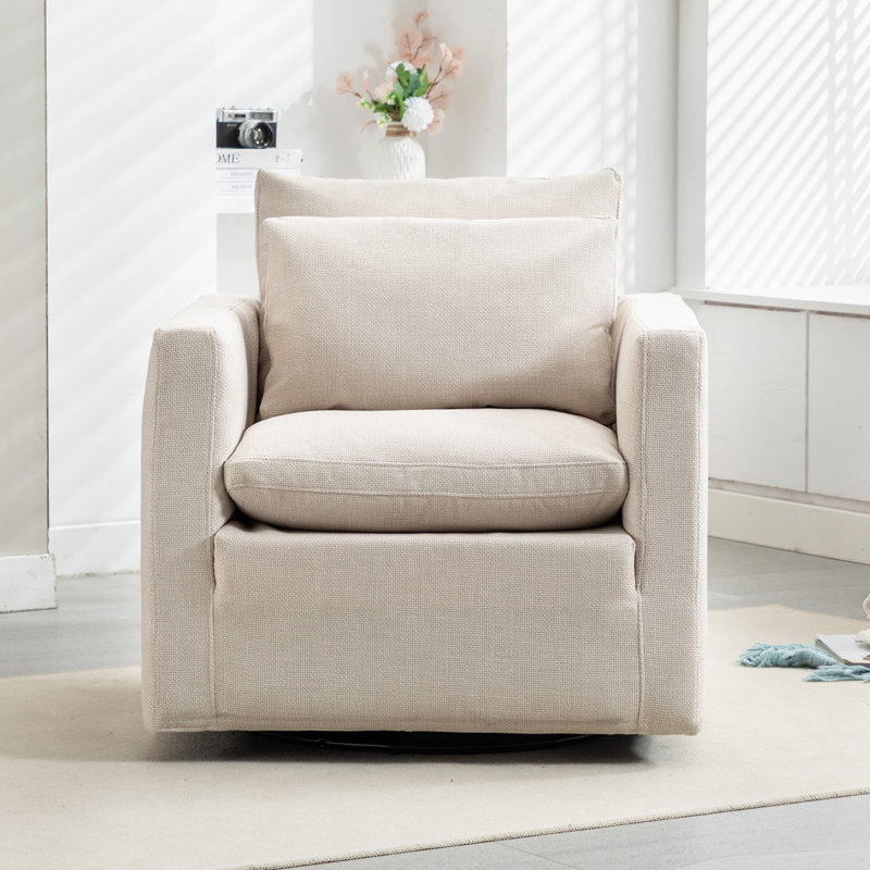 Down Filling Upholstered Swivel Accent Chair Removable Armchair Latitude Run Fabric or Leather Type Beige Linen